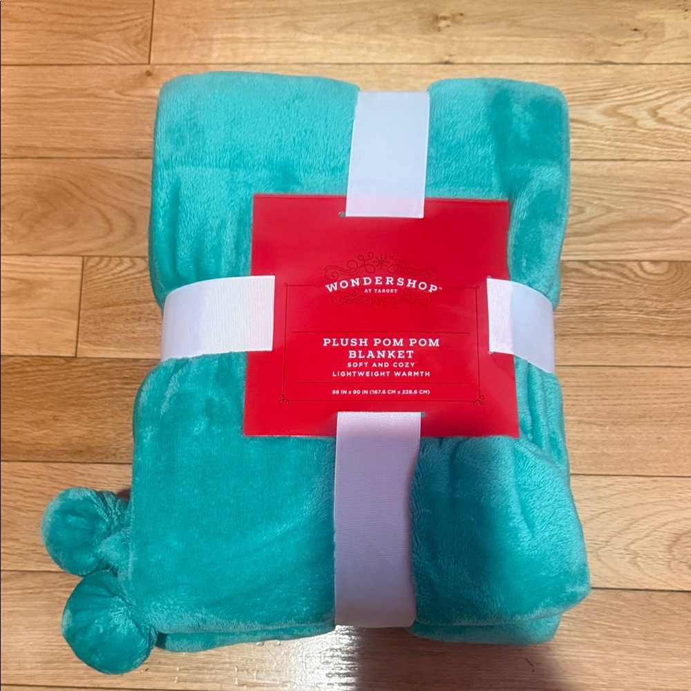 Wondershop Aqua Plush Blanket with Pom Poms